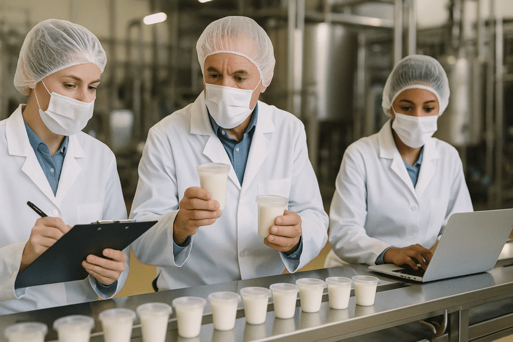 Equipe de controle de qualidade realizando inspeção de produtos lácteos em linha de produção industrial - Consultoria em Gestão