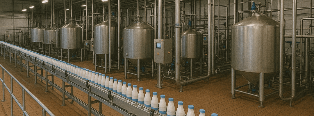 Linha de produção automatizada em laticínio, representando aplicação da Consultoria em Gestão industrial