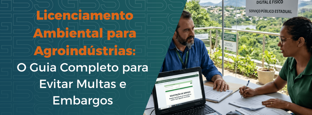 Consultor ambiental orienta cliente durante atendimento sobre Licenciamento Ambiental para agroindústrias, com documentos e sistema de protocolo ambiental em análise.